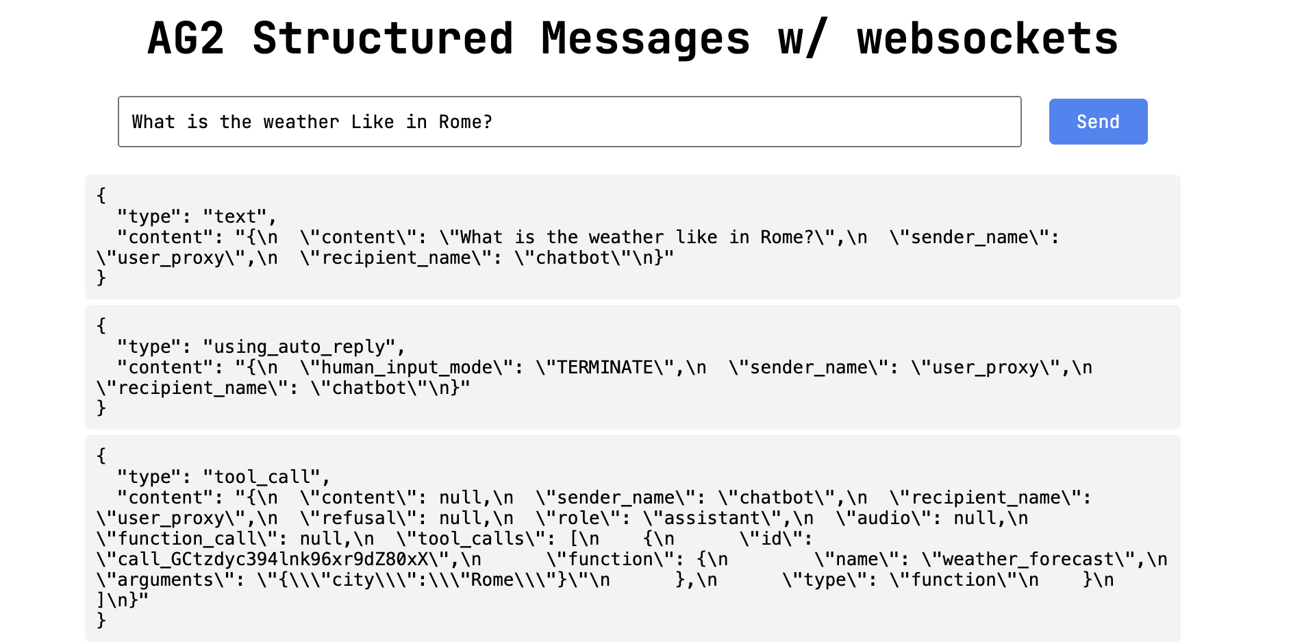 Structured messages with websockets client