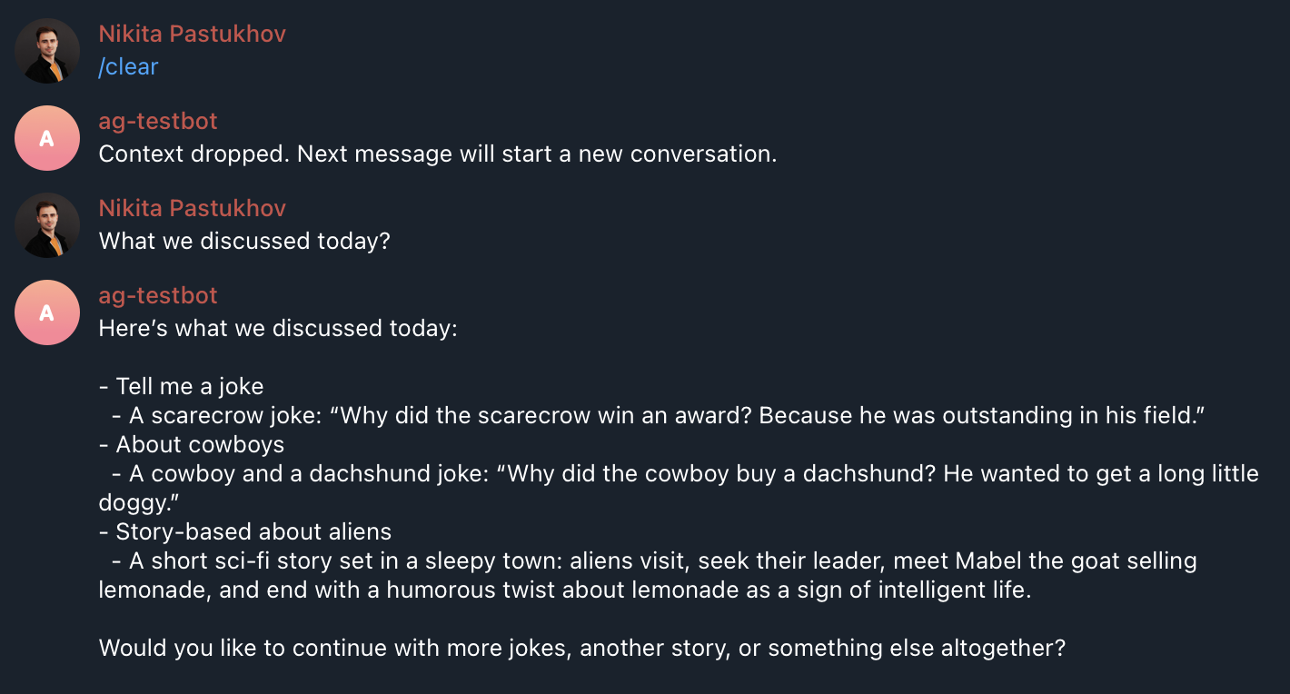 Telegram conversation recovering saved context after /clear